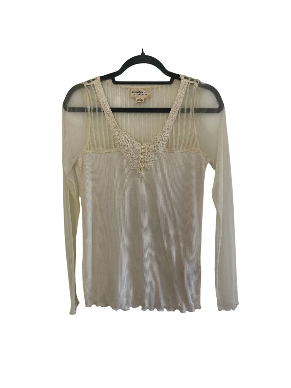 Denim & Supply Ralph Lauren Size L Y2K Ribbed V-Neck T-Shirt Lace Sheer Top